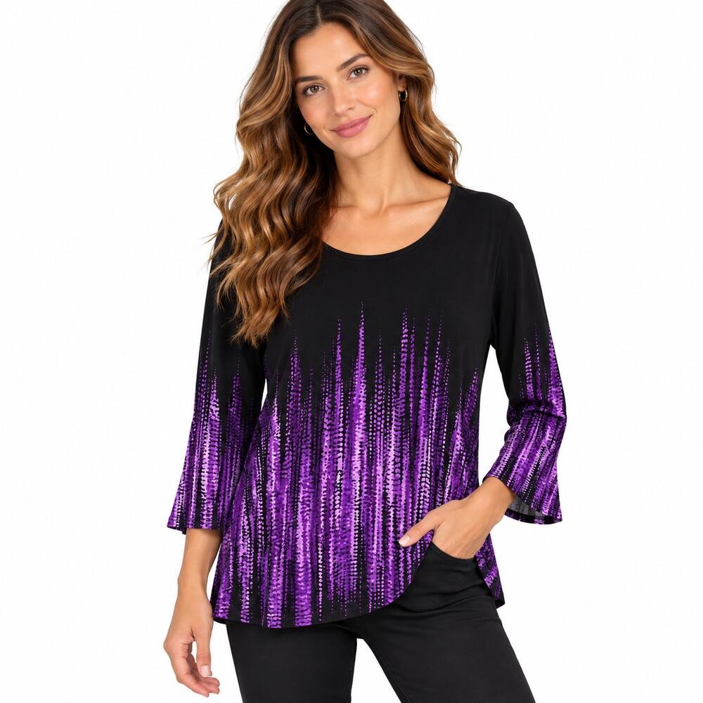Susan Graver Liquid Knit Blouse Women's Size 1X Black Purple Office Casual Boho
